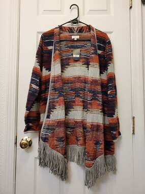 NWT Lucky Brand Size 2X Southwestern Aztec Fringe Open Front Cardigan Sweater